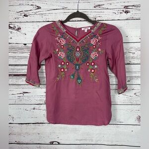 NWOT Johnny Was 3/4 Sleeve Pink Embroidered Girls Blouse Size M 6 Viscose Boho